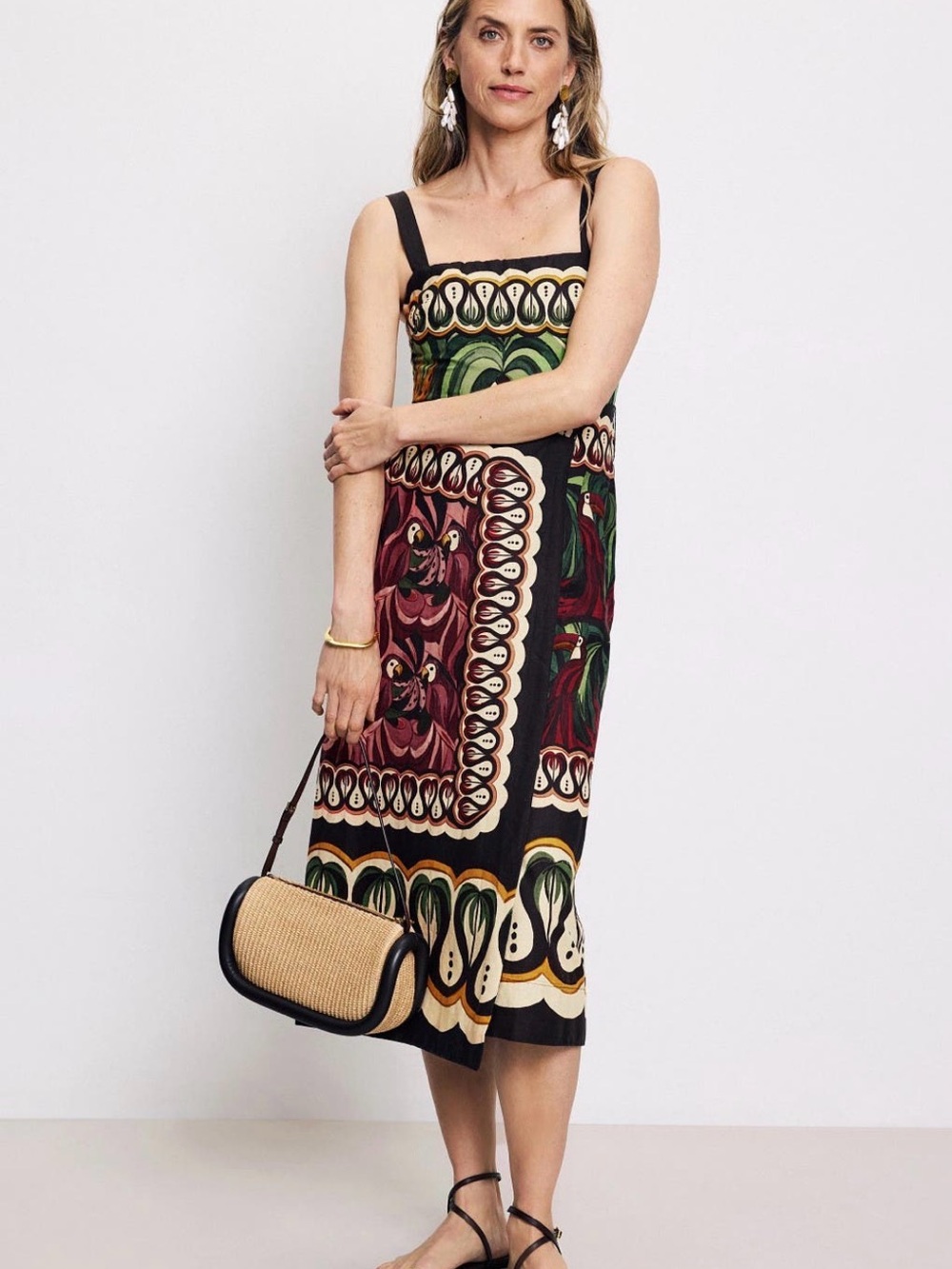 FARM Rio Black Midi Dress with Green and Burgundy Print